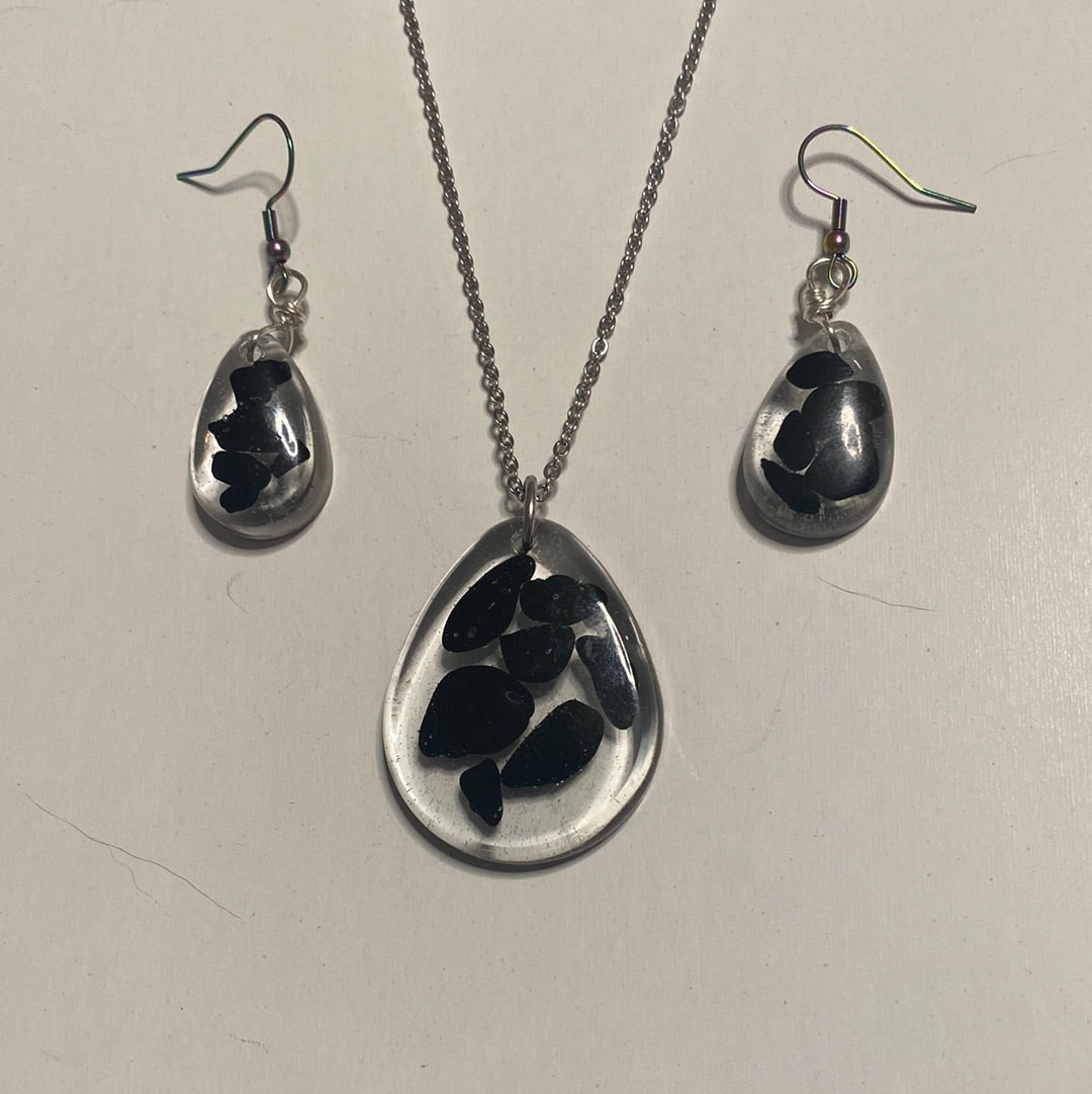 Black Agate Resin Necklace/Earring Set