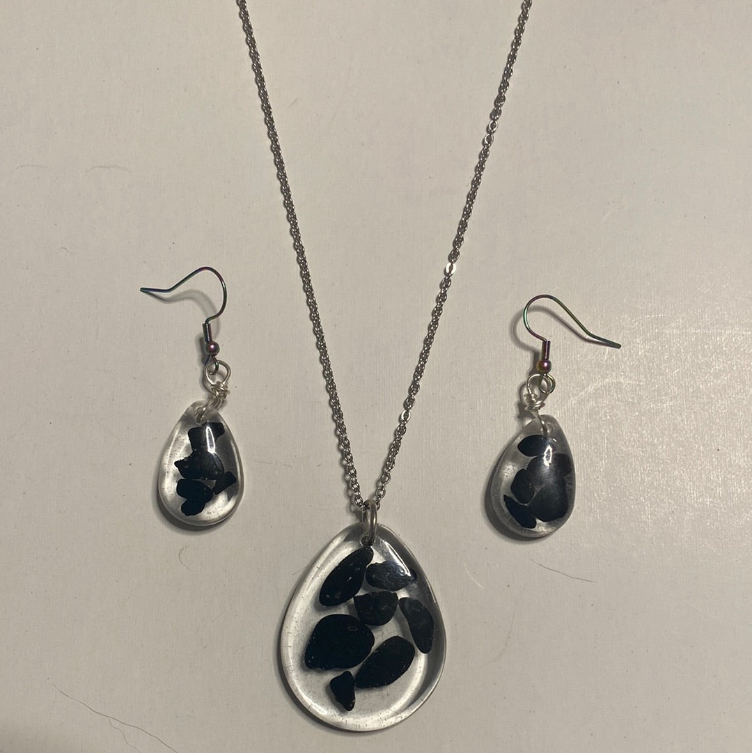 Black Agate Resin Necklace/Earring Set